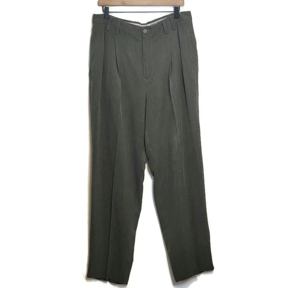 Tommy Bahama Silk Pleated Lightweight Olive Green Trouser Pant Size 35